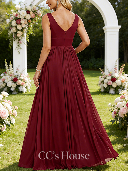 Plus Size A-line Airy V-Neck Floor-Length Mesh Bridesmaid Dress
