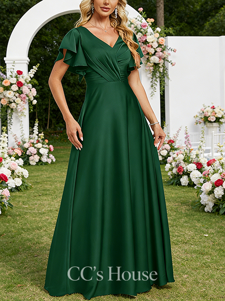 A-line Luxe V-Neck Floor-Length Matte Satin Bridesmaid Dress With Ruffle