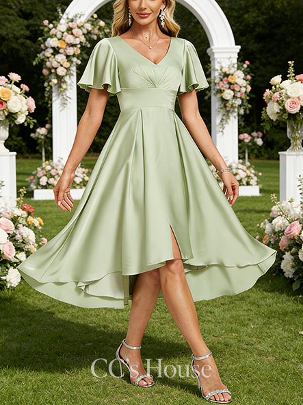 A-line Dramatic V-Neck Asymmetrical Matte Satin Bridesmaid Dress With Ruffle