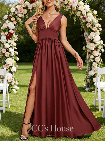 Maternity Friendly A-line Smooth V-Neck Floor-Length Matte Satin Bridesmaid Dress