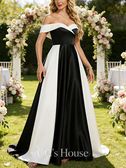 Maternity Friendly A-line Regal Off the Shoulder Floor-Length Satin Bridesmaid Dress With Black and White