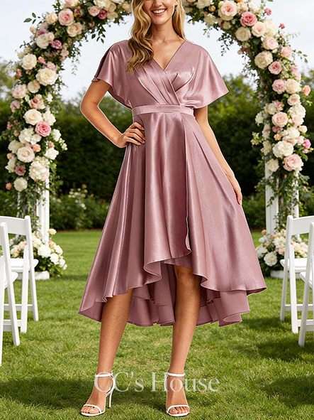 Under $100 A-line Sleek V-Neck Asymmetrical Stretch Satin Bridesmaid Dress