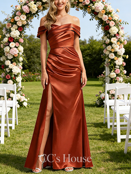 A-line Comfortable Off the Shoulder Floor-Length Stretch Satin Bridesmaid Dress