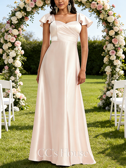 A-line Cute V-Neck Floor-Length Stretch Satin Bridesmaid Dress With Bow