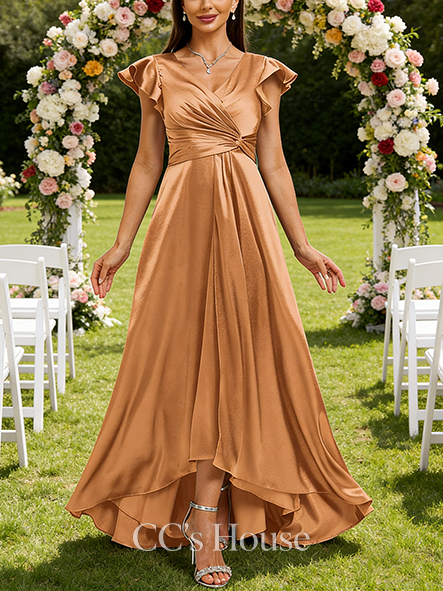 Under $100 A-line Trendy V-Neck Asymmetrical Stretch Satin Bridesmaid Dress With Ruffle