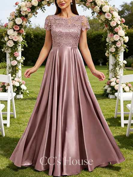 Plus Size A-line Delicate Scoop Floor-Length Lace Stretch Satin Bridesmaid Dress