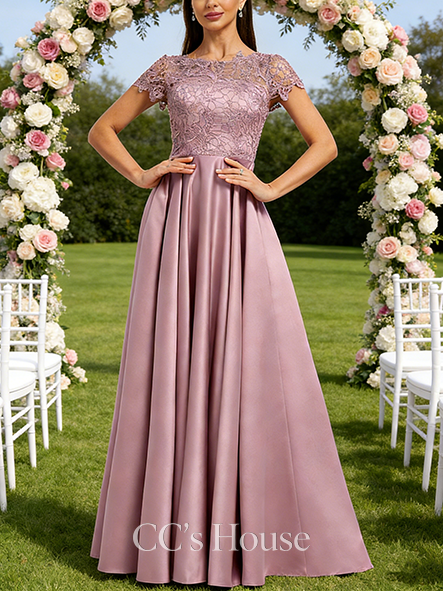 Plus Size A-line Vintage Scoop Floor-Length Satin Lace Bridesmaid Dress