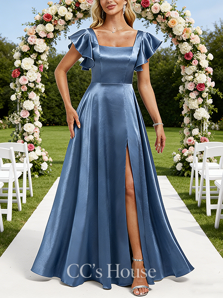 Under $100 A-line Stretchy Square Floor-Length Stretch Satin Bridesmaid Dress With Ruffle