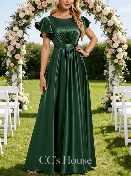 Under $100 A-line Sweet Scoop Floor-Length Stretch Satin Bridesmaid Dress With Ruffle