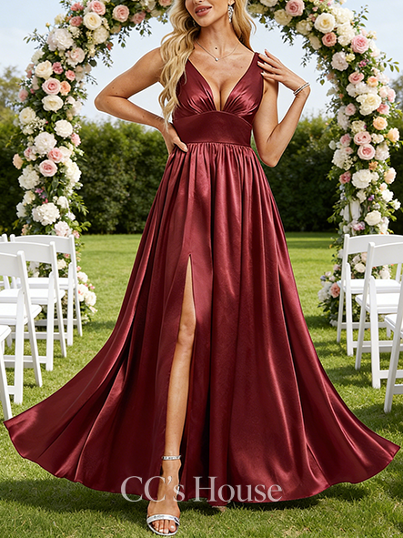 Maternity Friendly A-line Rich V-Neck Floor-Length Stretch Satin Bridesmaid Dress