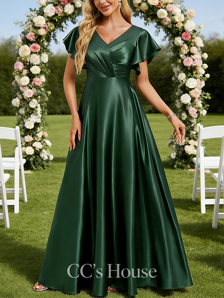 Under $100 A-line Comfortable V-Neck Floor-Length Stretch Satin Bridesmaid Dress With Ruffle