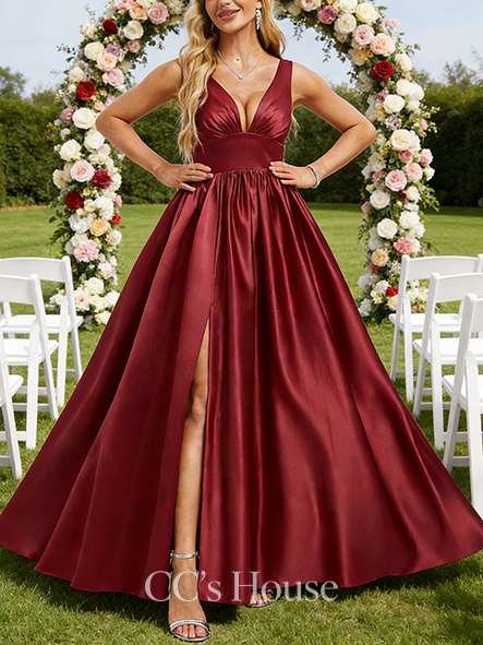 Under $100 A-line Luxurious V-Neck Floor-Length Satin Bridesmaid Dress