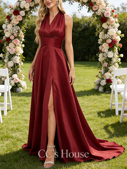 Maternity Friendly A-line Striking Halter One Shoulder V-Neck Floor-Length Satin Bridesmaid Dress