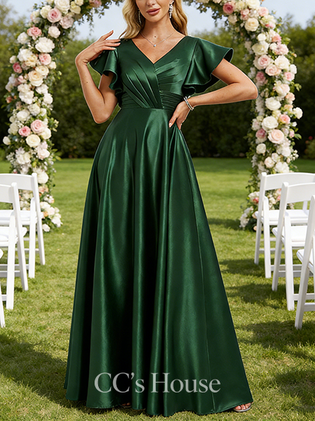 Under $100 A-line Glamorous V-Neck Floor-Length Satin Bridesmaid Dress With Ruffle