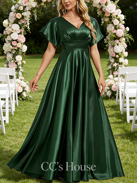 Plus Size A-line Smooth V-Neck Floor-Length Stretch Satin Bridesmaid Dress