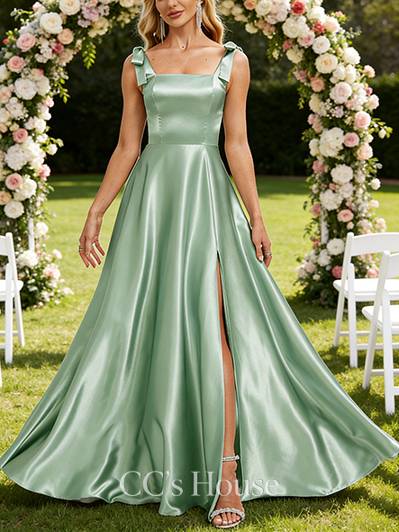 Junior A-line Structured Square Floor-Length Stretch Satin Bridesmaid Dress With Bow Pleated