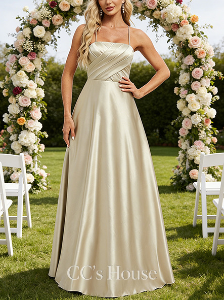 Junior A-line Classic Square Floor-Length Satin Bridesmaid Dress
