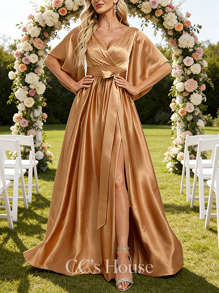 A-line Stretchy V-Neck Floor-Length Stretch Satin Bridesmaid Dress