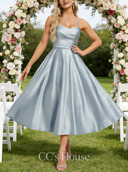 Short A-line Playful V-Neck Tea-Length Satin Bridesmaid Dress