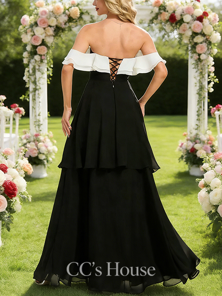 A-line Flowy V-Neck Floor-Length Chiffon Bridesmaid Dress With Cascading Ruffles Black and White