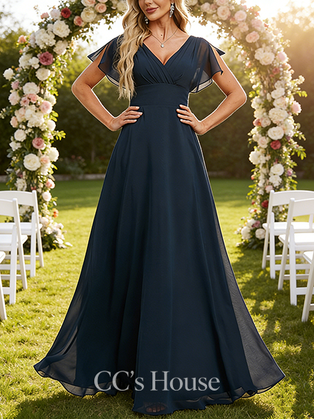 Under $100 A-line Clean V-Neck Floor-Length Chiffon Bridesmaid Dress