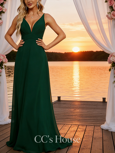 Under $100 A-line Pure V-Neck Floor-Length Chiffon Bridesmaid Dress