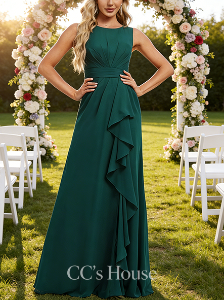 Under $100 A-line Pretty Scoop Floor-Length Chiffon Bridesmaid Dress With Ruffle