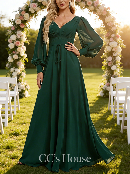 Under $100 A-line Elegant V-Neck Floor-Length Chiffon Bridesmaid Dress