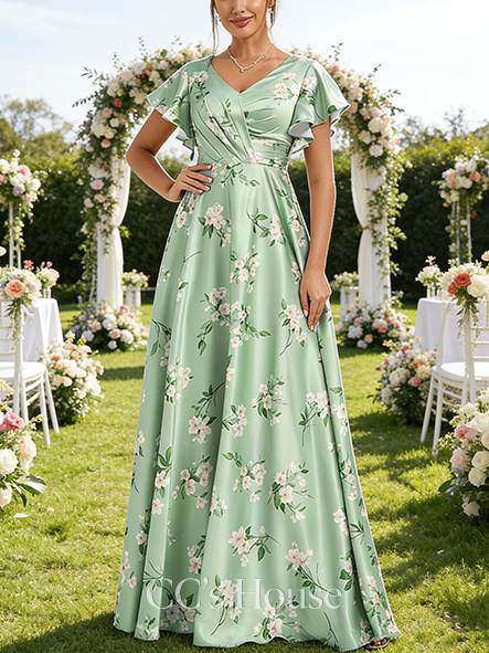 A-line Gorgeous V-Neck Floor-Length Matte Satin Bridesmaid Dress With Ruffle