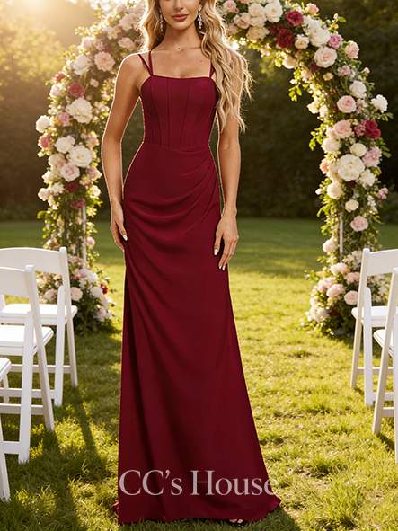 Under $100 A-line Dainty Square Floor-Length Chiffon Bridesmaid Dress
