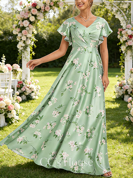 A-line Gorgeous V-Neck Floor-Length Matte Satin Bridesmaid Dress With Ruffle