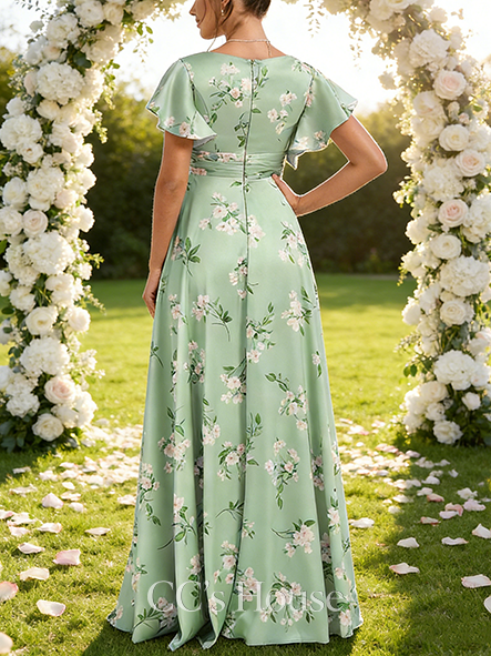 A-line Gorgeous V-Neck Floor-Length Matte Satin Bridesmaid Dress With Ruffle