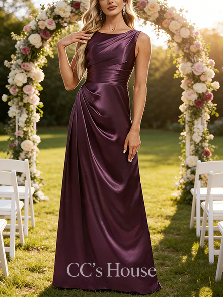 A-line Regal Boat Neck Floor-Length Stretch Satin Bridesmaid Dress
