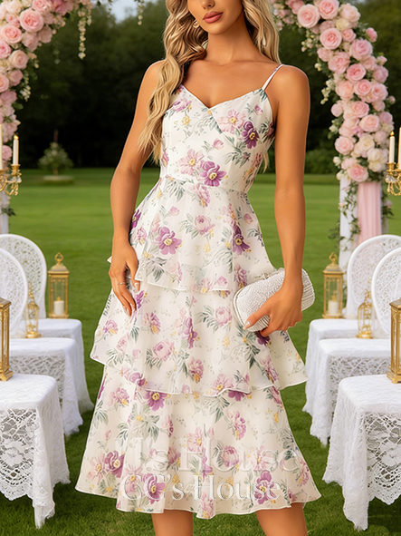 A-line Whimsical V-Neck Tea-Length Chiffon Bridesmaid Dress With Cascading Ruffles Floral Print