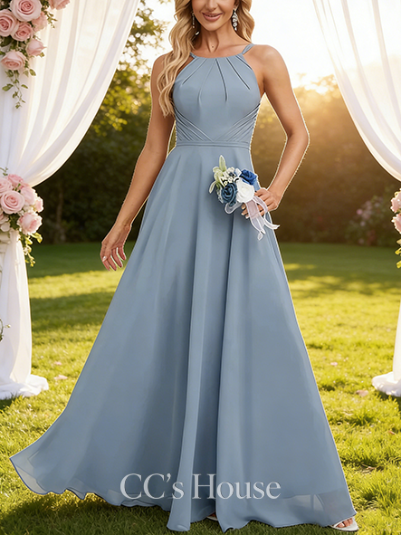 Under $100 A-line Breezy Halter Floor-Length Chiffon Bridesmaid Dress