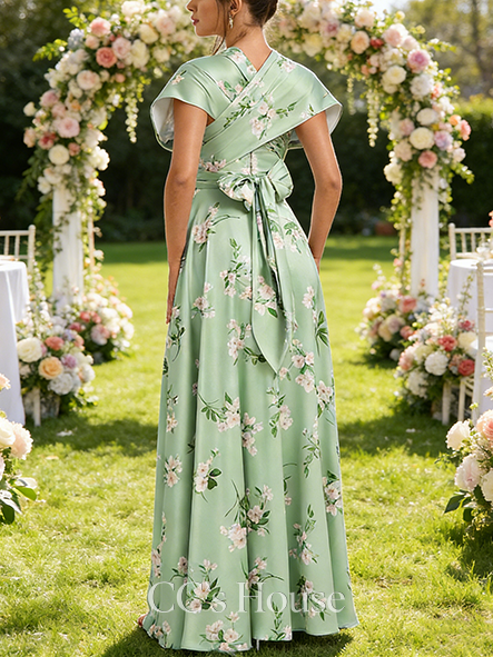 A-line Unique One Shoulder V-Neck Halter Floor-Length Matte Satin Bridesmaid Dress