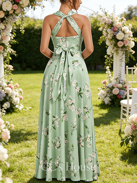 A-line Unique One Shoulder V-Neck Halter Floor-Length Matte Satin Bridesmaid Dress