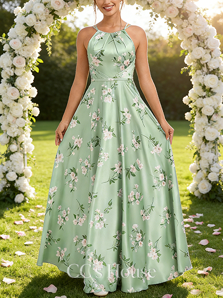 A-line Elegant Halter Floor-Length Matte Satin Bridesmaid Dress