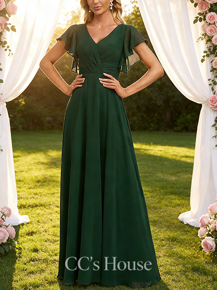 A-line Romantic V-Neck Floor-Length Chiffon Bridesmaid Dress With Ruffle