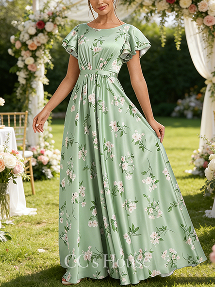 Plus Size A-line Pretty Scoop Floor-Length Matte Satin Bridesmaid Dress With Ruffle