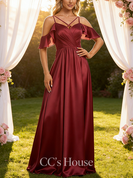 Maternity Friendly A-line Vibrant Cold Shoulder Floor-Length Chiffon Bridesmaid Dress With Ruffle