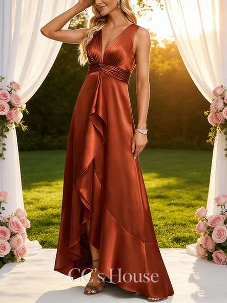 Under $100 A-line Dramatic V-Neck Asymmetrical Stretch Satin Bridesmaid Dress With Ruffle