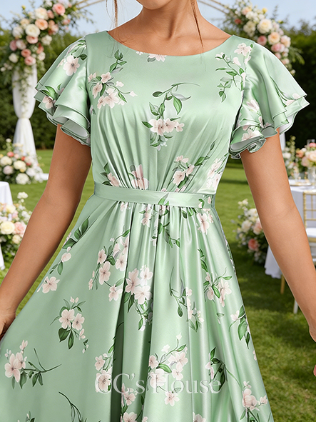 A-line Pretty Scoop Floor-Length Matte Satin Bridesmaid Dress With Ruffle