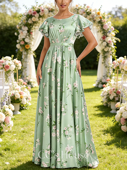 A-line Pretty Scoop Floor-Length Matte Satin Bridesmaid Dress With Ruffle