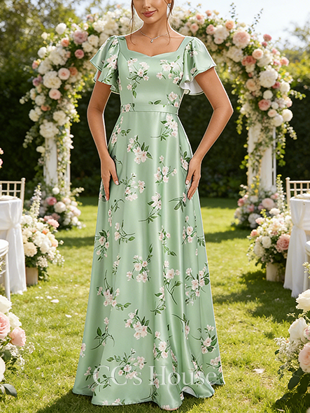 A-line Smooth V-Neck Floor-Length Matte Satin Bridesmaid Dress