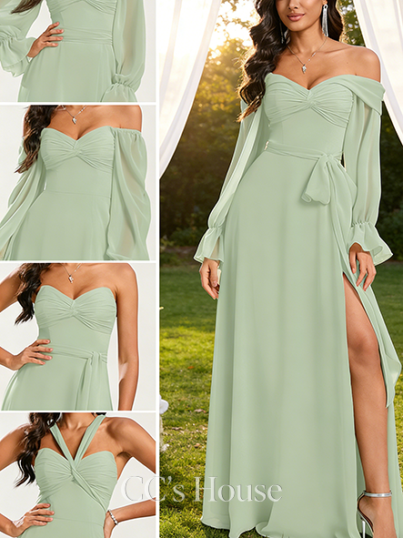 A-line Stunning Halter Off the Shoulder Sweetheart V-Neck Floor-Length Chiffon Bridesmaid Dress With Ruffle