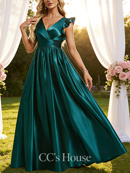 A-line Flexible V-Neck Floor-Length Stretch Satin Bridesmaid Dress With Ruffle
