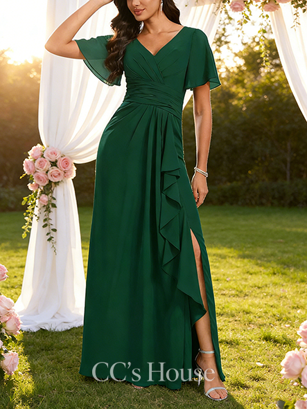 A-line Romantic V-Neck Floor-Length Chiffon Bridesmaid Dress With Ruffle