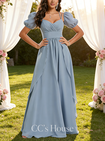 New Arrival A-line Ethereal V-Neck Floor-Length Chiffon Bridesmaid Dress With Ruffle
