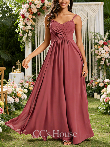 A-line Romantic V-Neck Floor-Length Chiffon Bridesmaid Dress With Ruffle